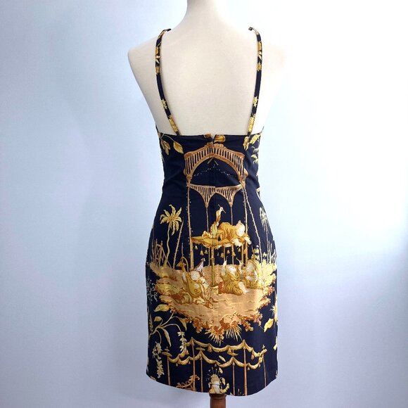 Mark E Toile Graphic Art Print Halter Mini Dress Navy Blue Cotton 2 4 Small XS - Picture 4 of 14